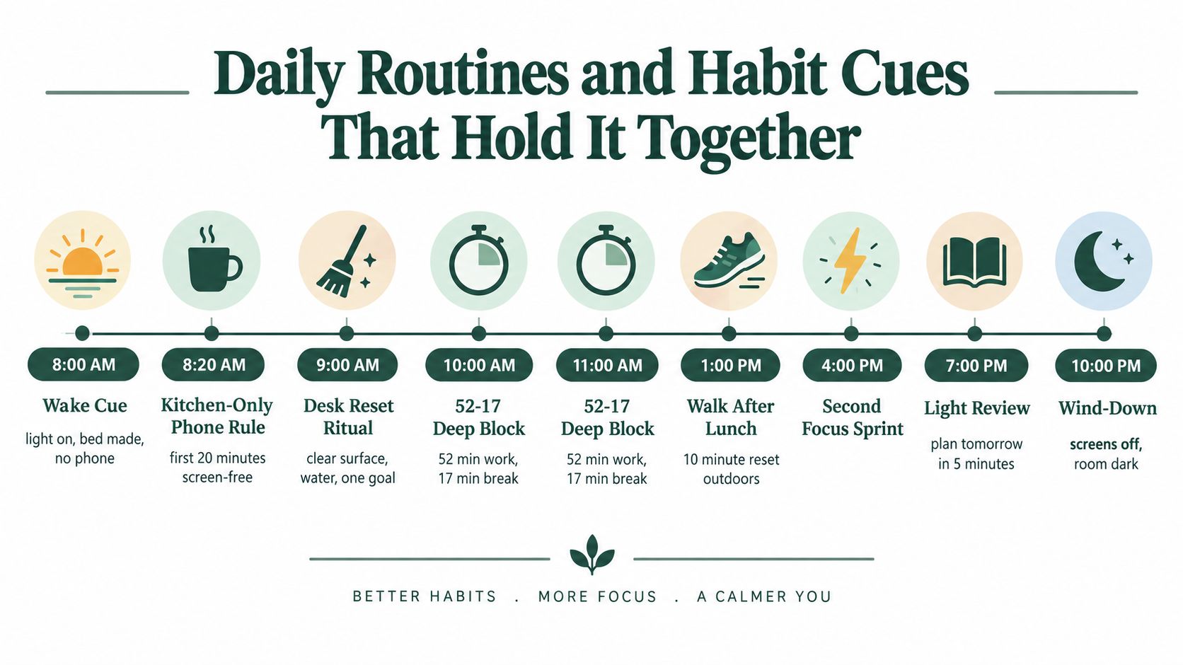 A visual timeline infographic illustrating a structured daily routine with habits and timed blocks for better productivity.
