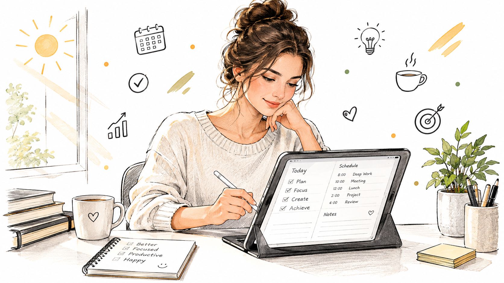 A woman sketching a productivity schedule on her tablet while sitting at a bright, organized workspace.