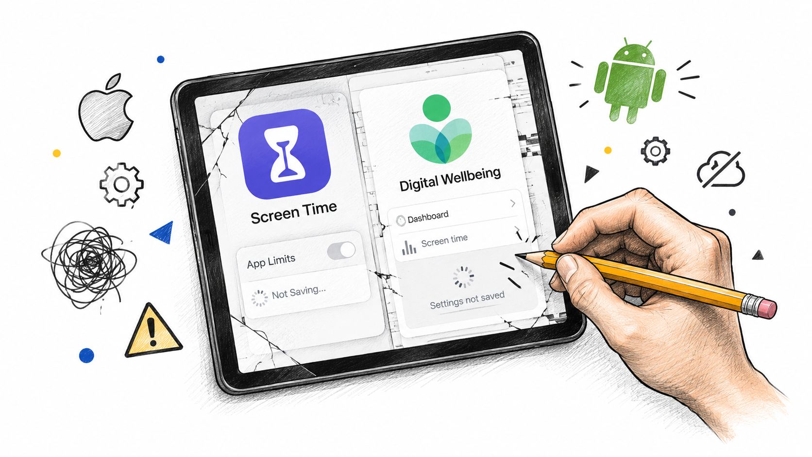 A hand drawing a tablet screen displaying Screen Time and Digital Wellbeing error messages with icons.