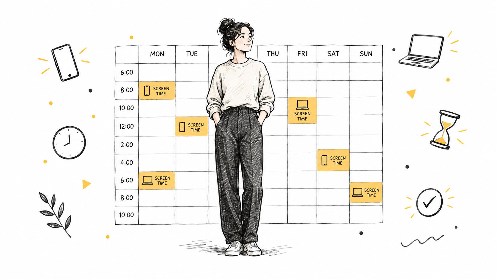 A woman stands in front of a weekly planner showing highlighted screen time slots on specific days.