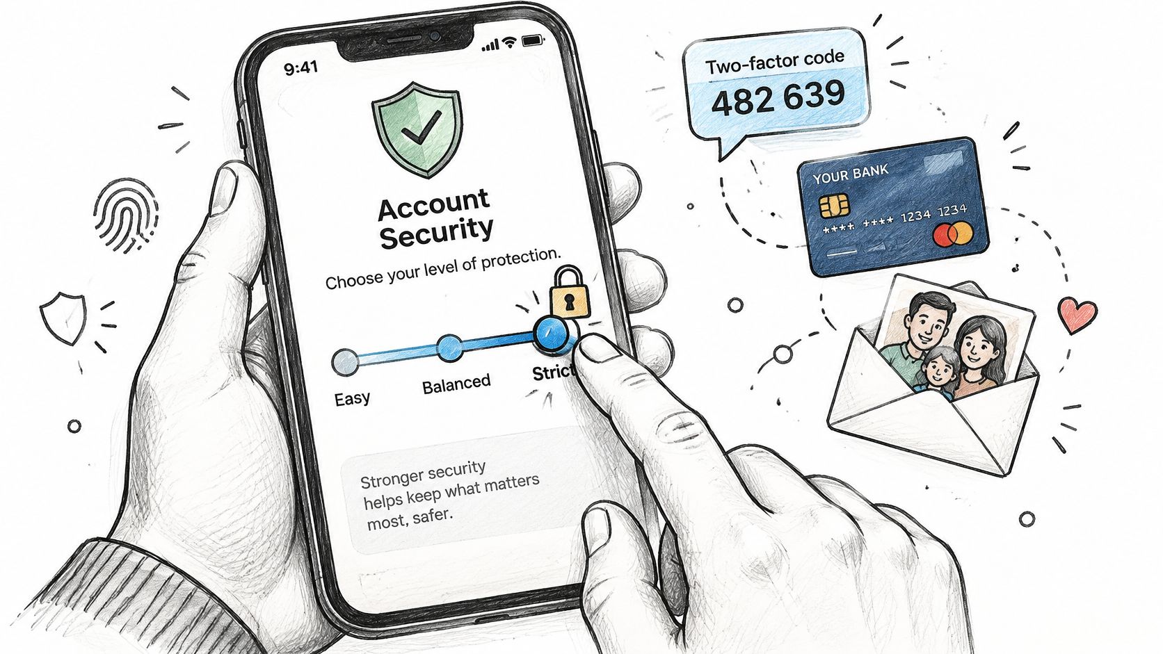 A hand selecting the strict security setting on an iPhone app display for better account protection.