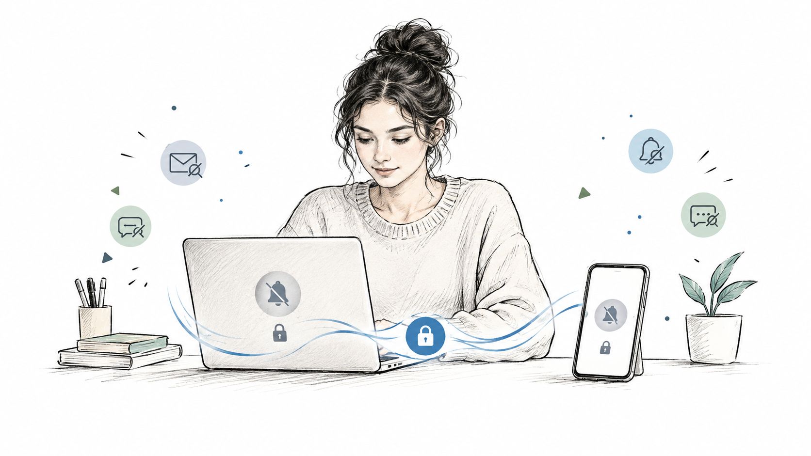 A woman working on a laptop with notification icons disabled to represent focus and improved work performance.