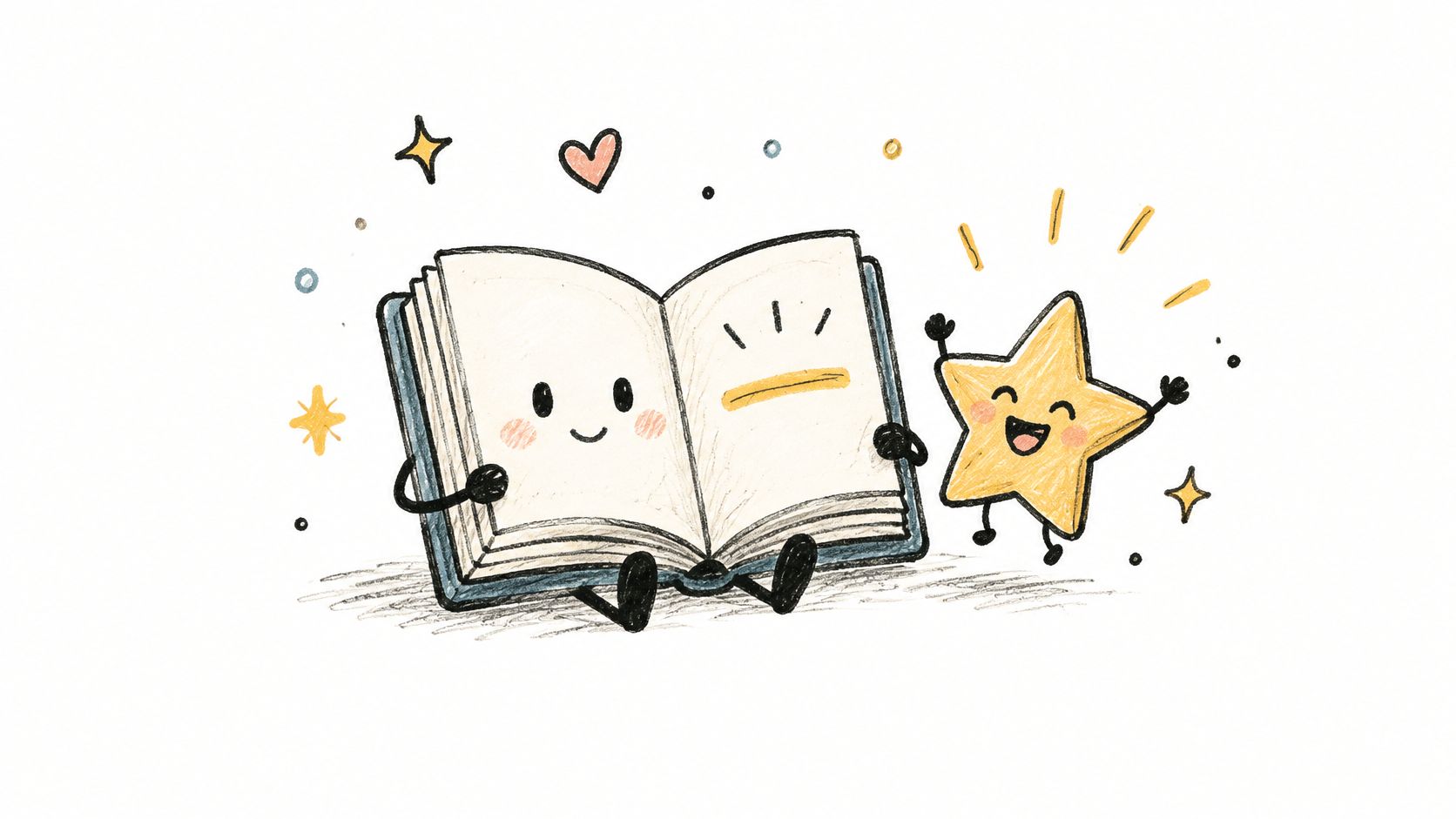 A whimsical, hand-drawn illustration of a friendly open book character and a happy yellow star character.