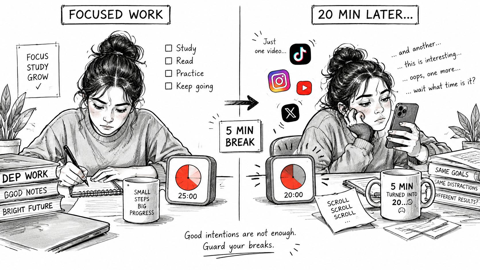 A split illustration comparing a girl studying with a pomodoro timer versus wasting time on her phone.
