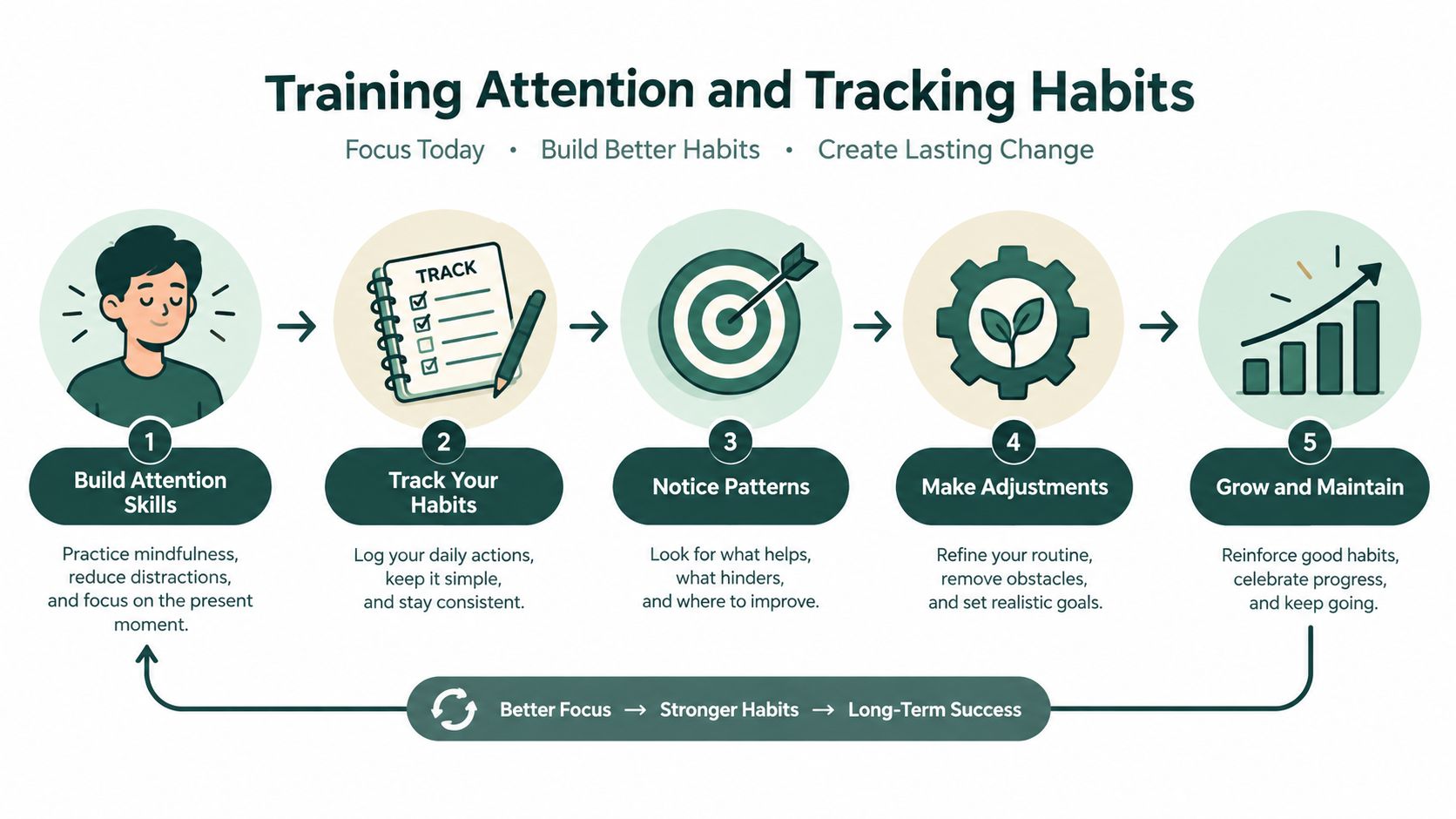 A five-step infographic illustrating a process for training attention and developing better habits for long-term success.