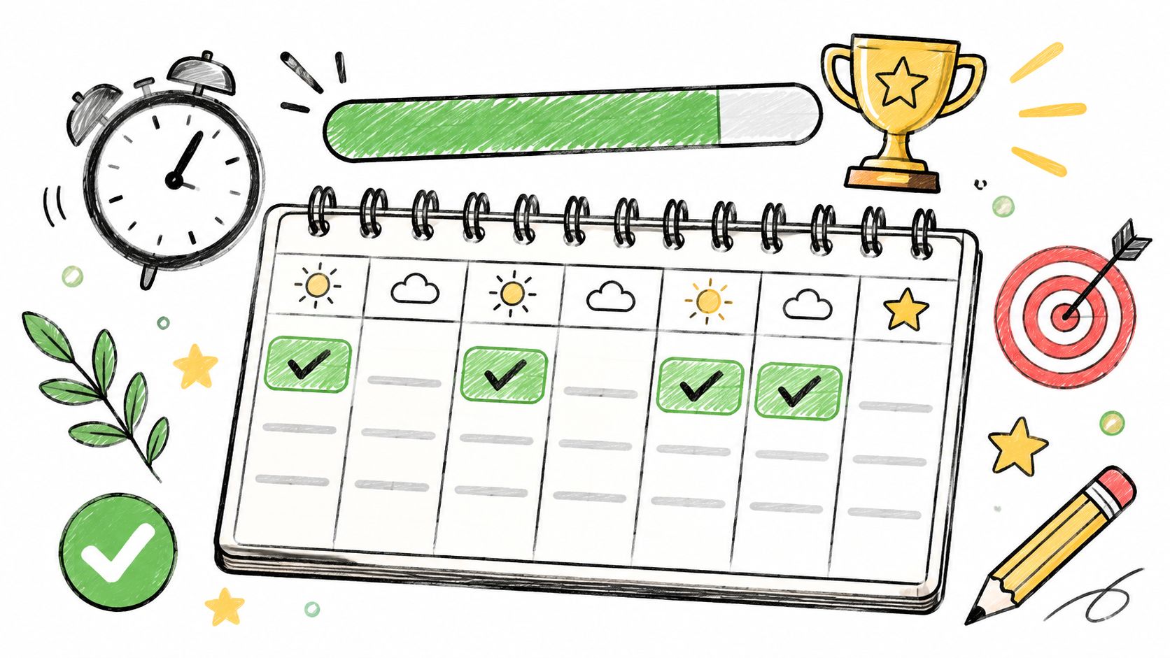 A hand-drawn calendar, alarm clock, trophy, and pencil illustrating a daily habit tracking schedule and productivity concept.