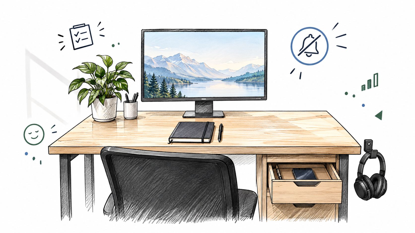 A minimalist desk setup featuring a computer monitor, a potted plant, and headphones to promote focused work.