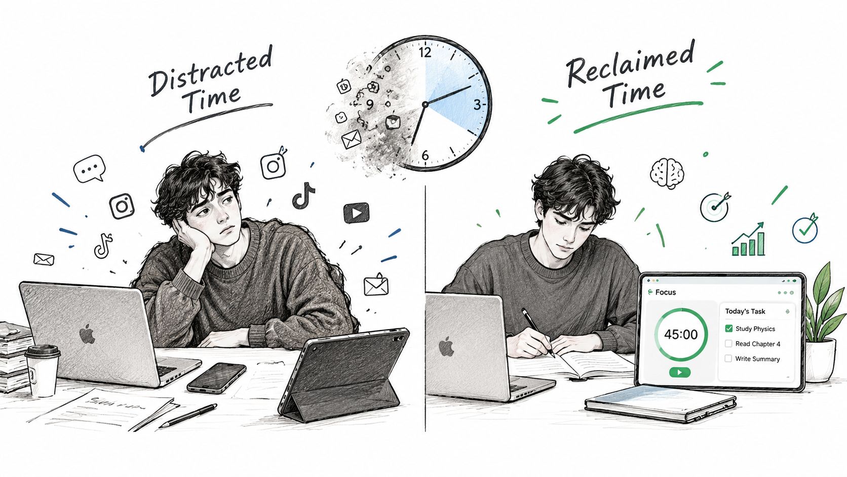 A split illustration comparing a distracted student using many apps versus a focused student using a timer.