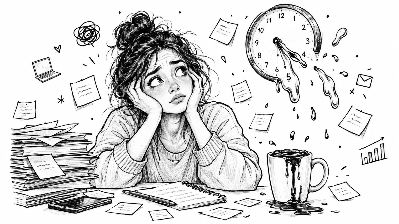 A charcoal-style sketch of a stressed young woman at a desk surrounded by papers and tasks.