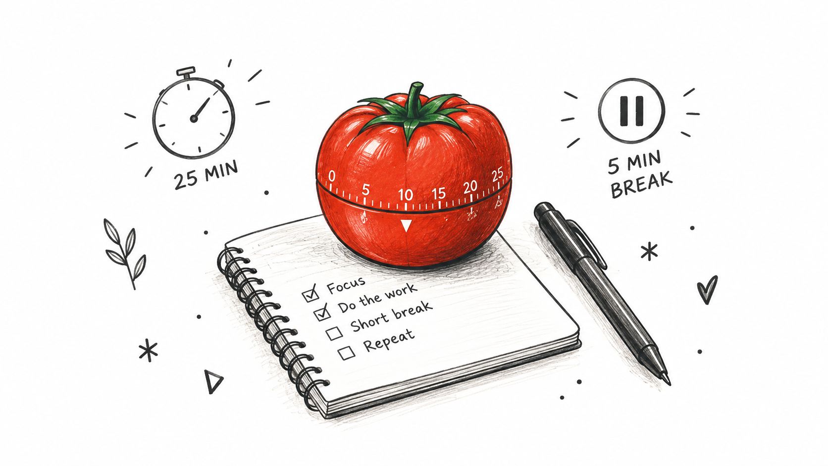 A hand-drawn illustration depicting the Pomodoro technique with a tomato timer, a checklist, and a pen.