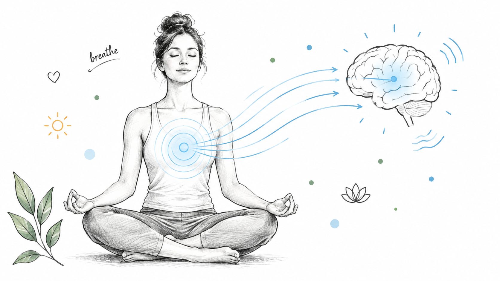 A pencil sketch of a woman meditating, with blue energy waves connecting her chest to her brain.