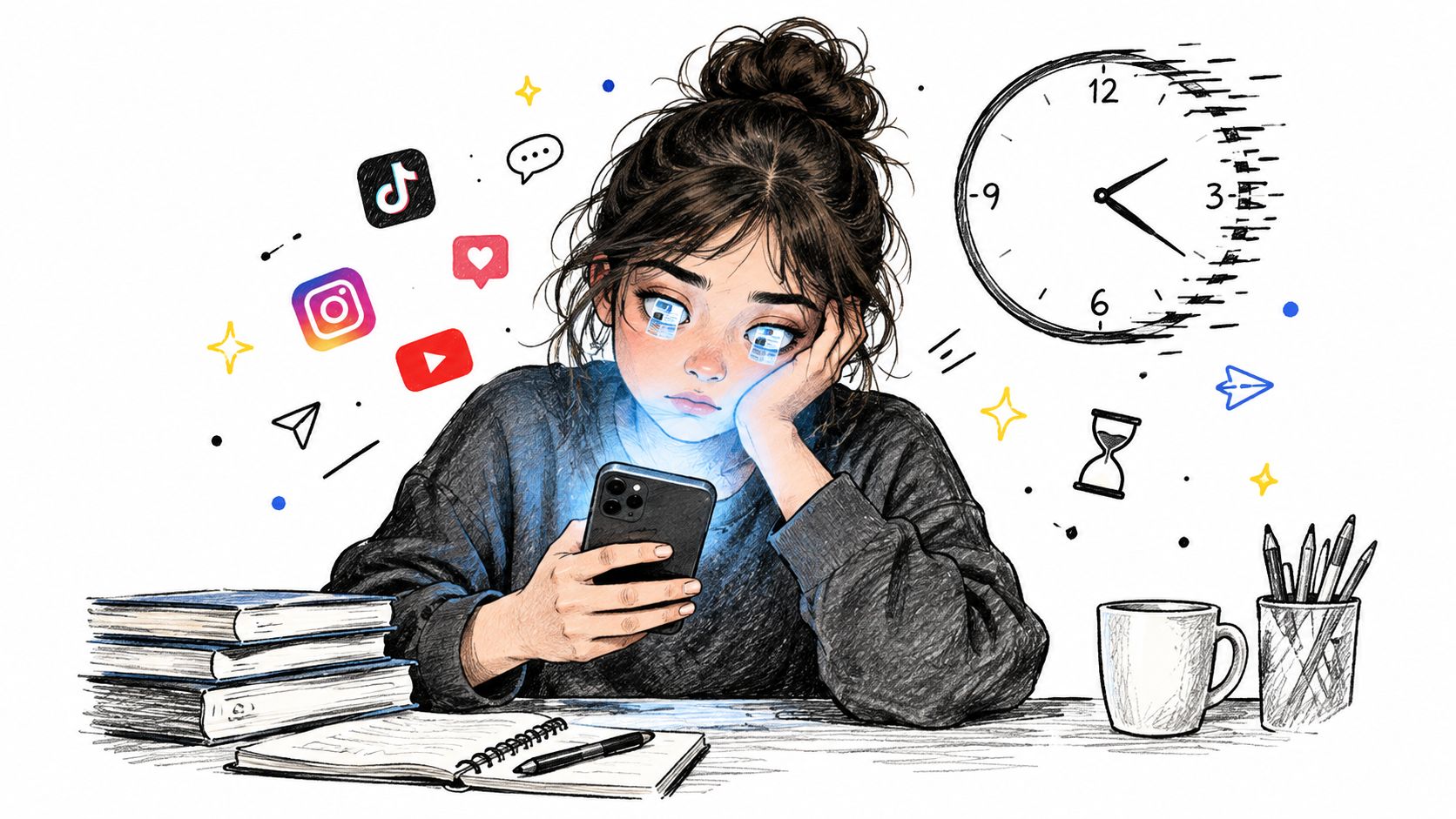 A girl exhausted by phone usage while studying, surrounded by social media icons and a fading clock.