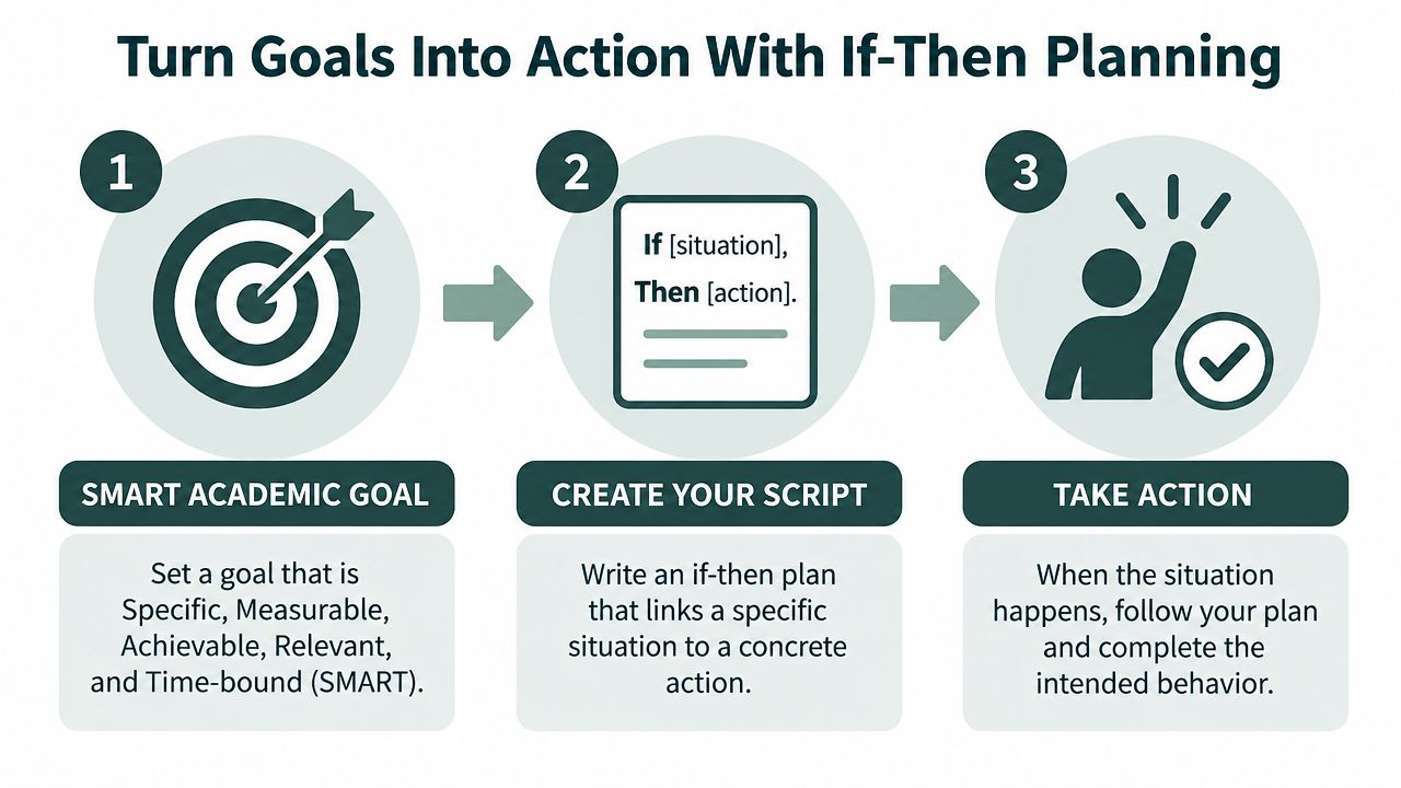 A three-step infographic showing how to turn academic goals into action using if-then planning strategies.