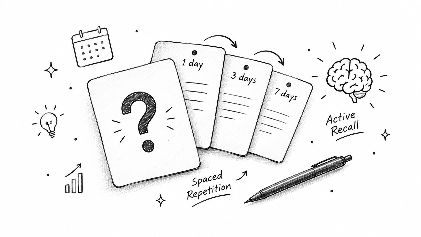 A hand-drawn sketch illustrating spaced repetition and active recall techniques for studying using flashcards.
