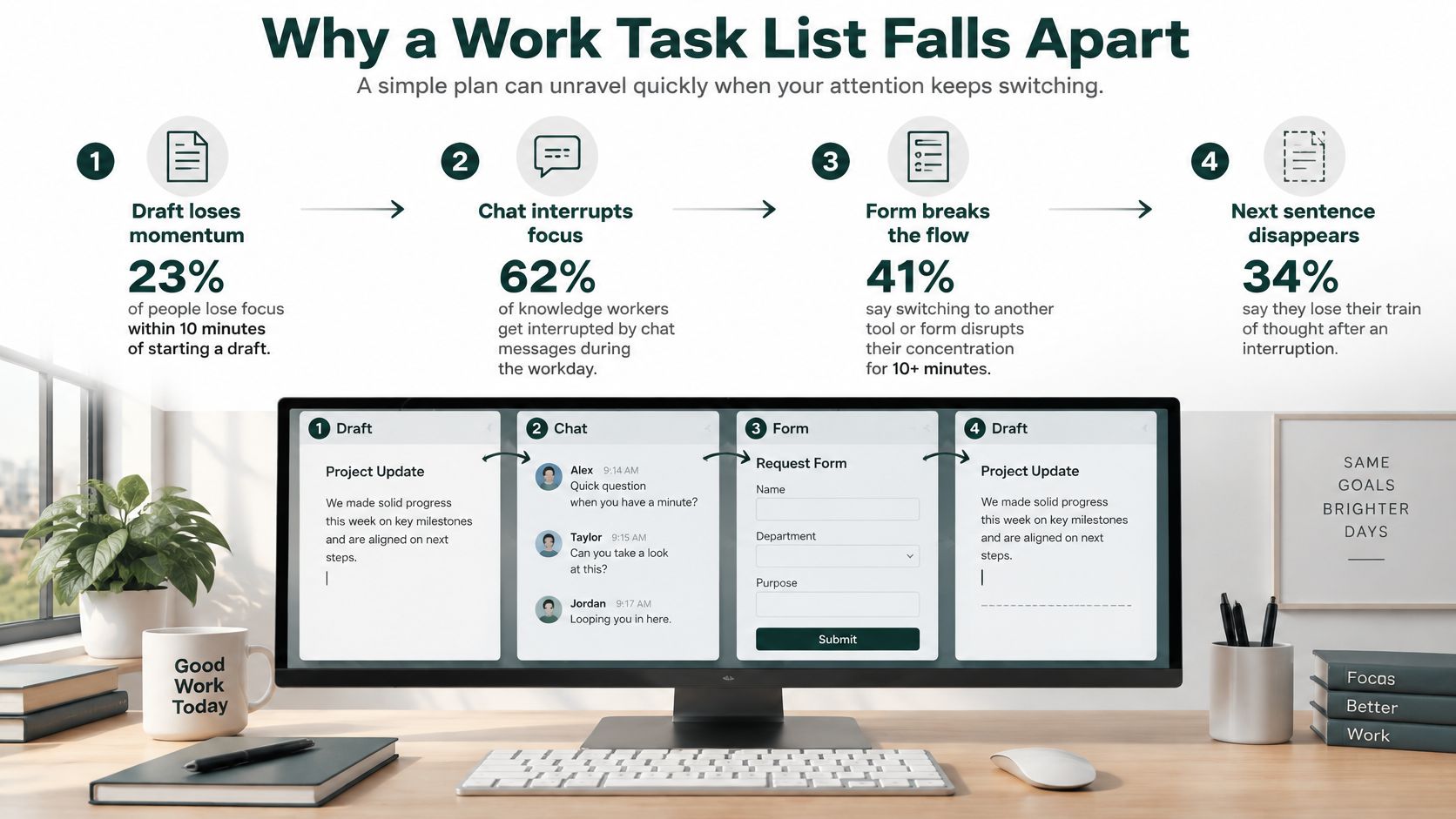 An infographic illustrating how interruptions from chat and forms disrupt workflow, causing loss of focus at work.