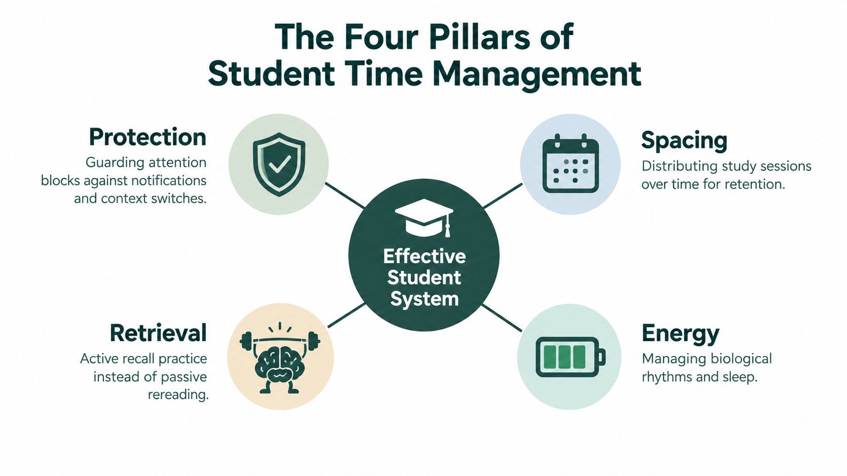 An infographic titled The Four Pillars of Student Time Management illustrating protection, spacing, retrieval, and energy concepts.