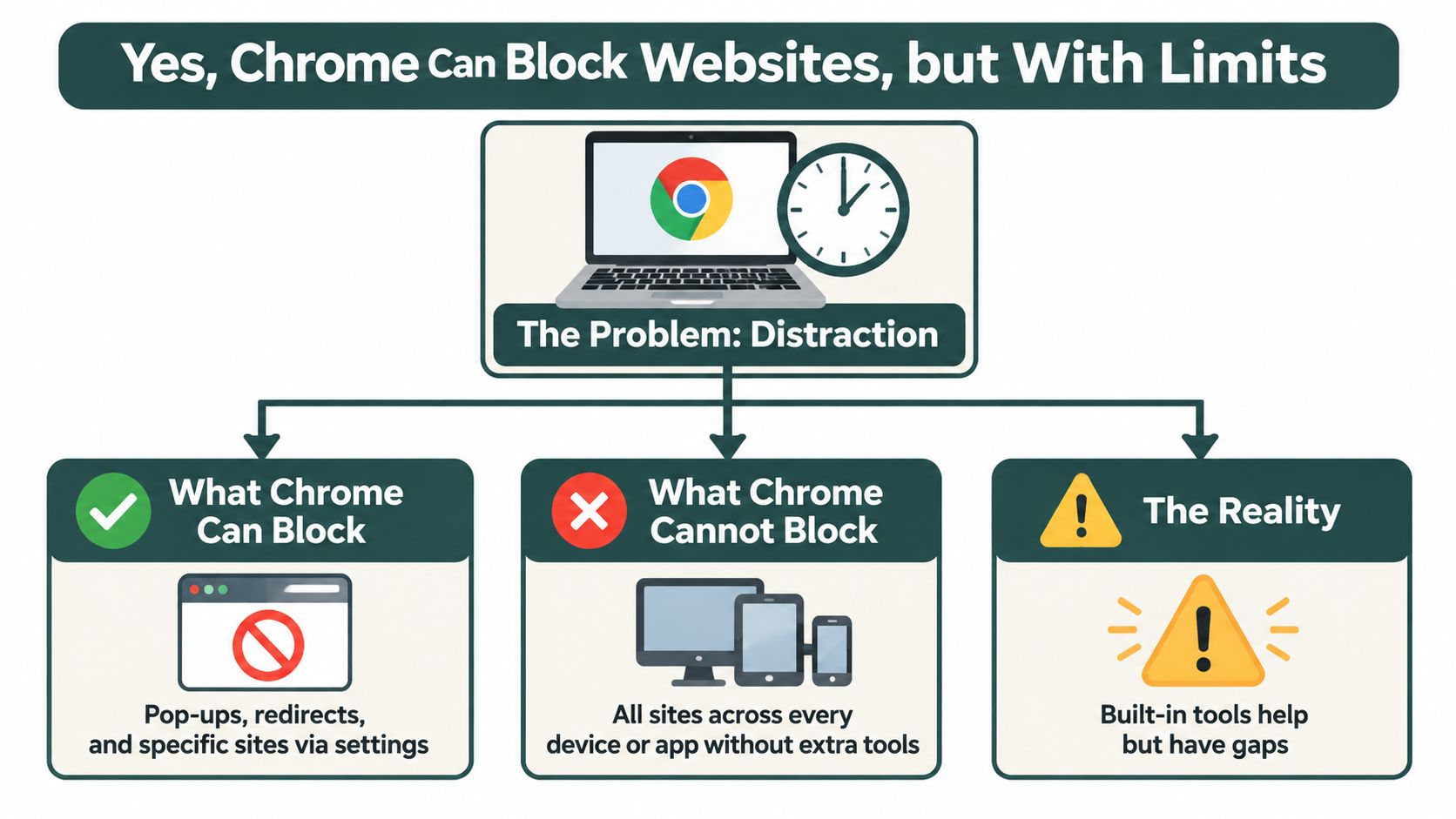 An infographic titled Yes Chrome Can Block Websites but With Limits showing capabilities and limitations.