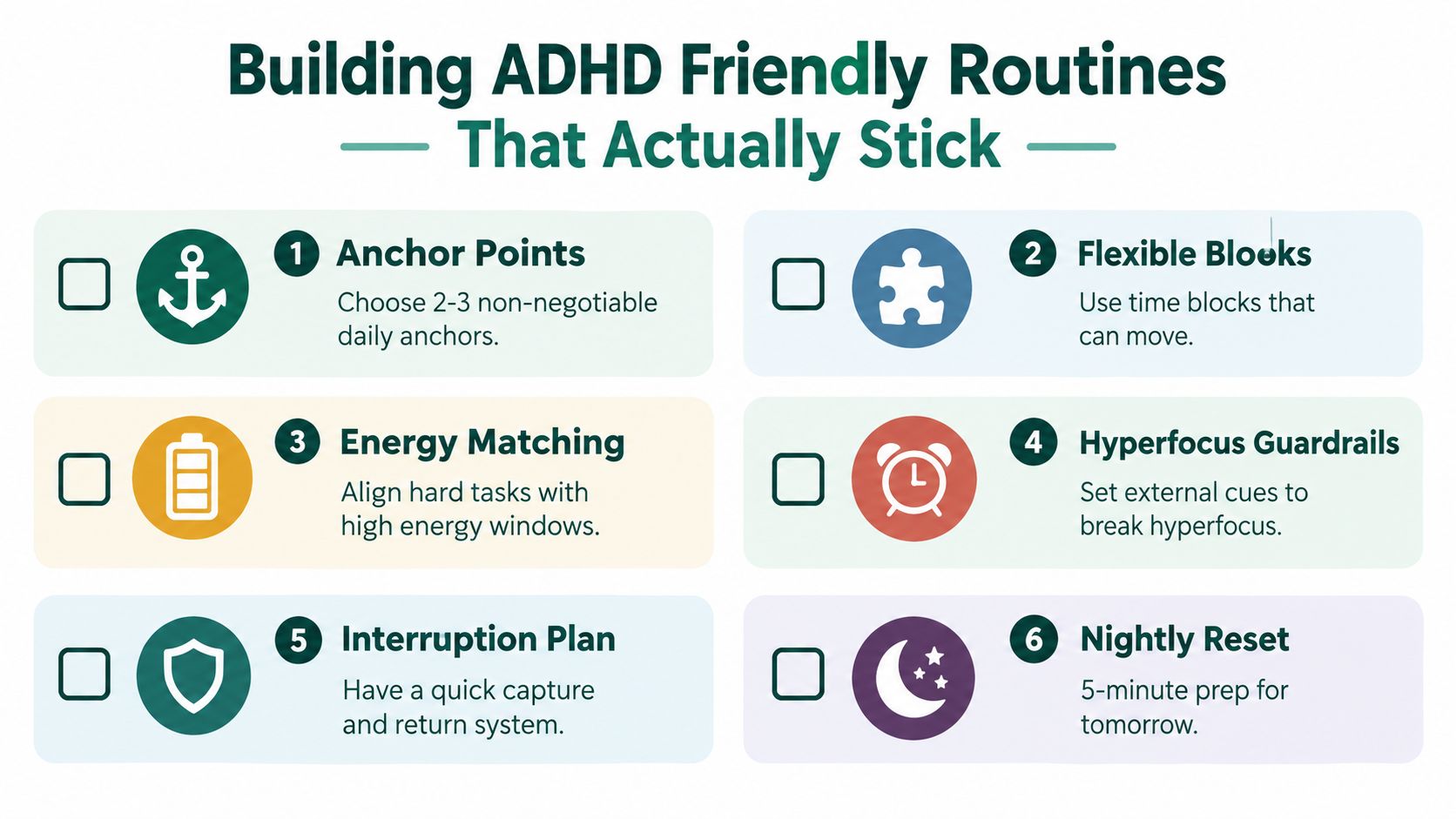 A checklist infographic titled Building ADHD Friendly Routines that explains six strategies for better time management.