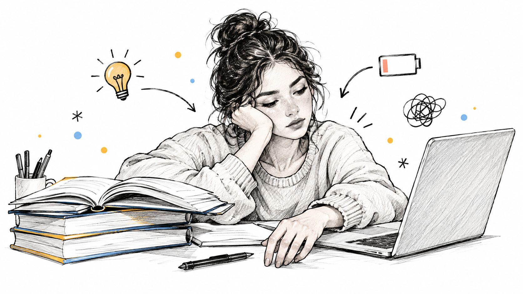 A tired young woman sitting at a desk studying with books and a laptop, feeling unmotivated and exhausted.