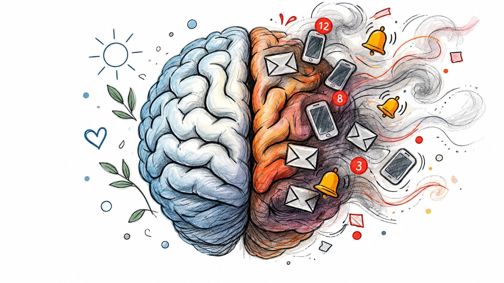 A split brain illustration showing a calm side with nature and a chaotic side with digital distractions.