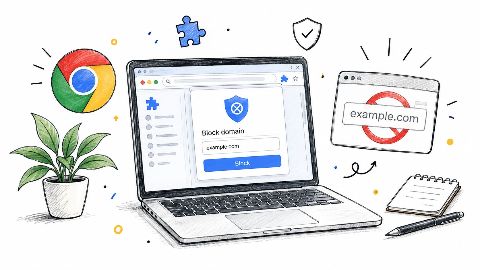A hand-drawn illustration showing a laptop with a Chrome browser interface used to block a website.