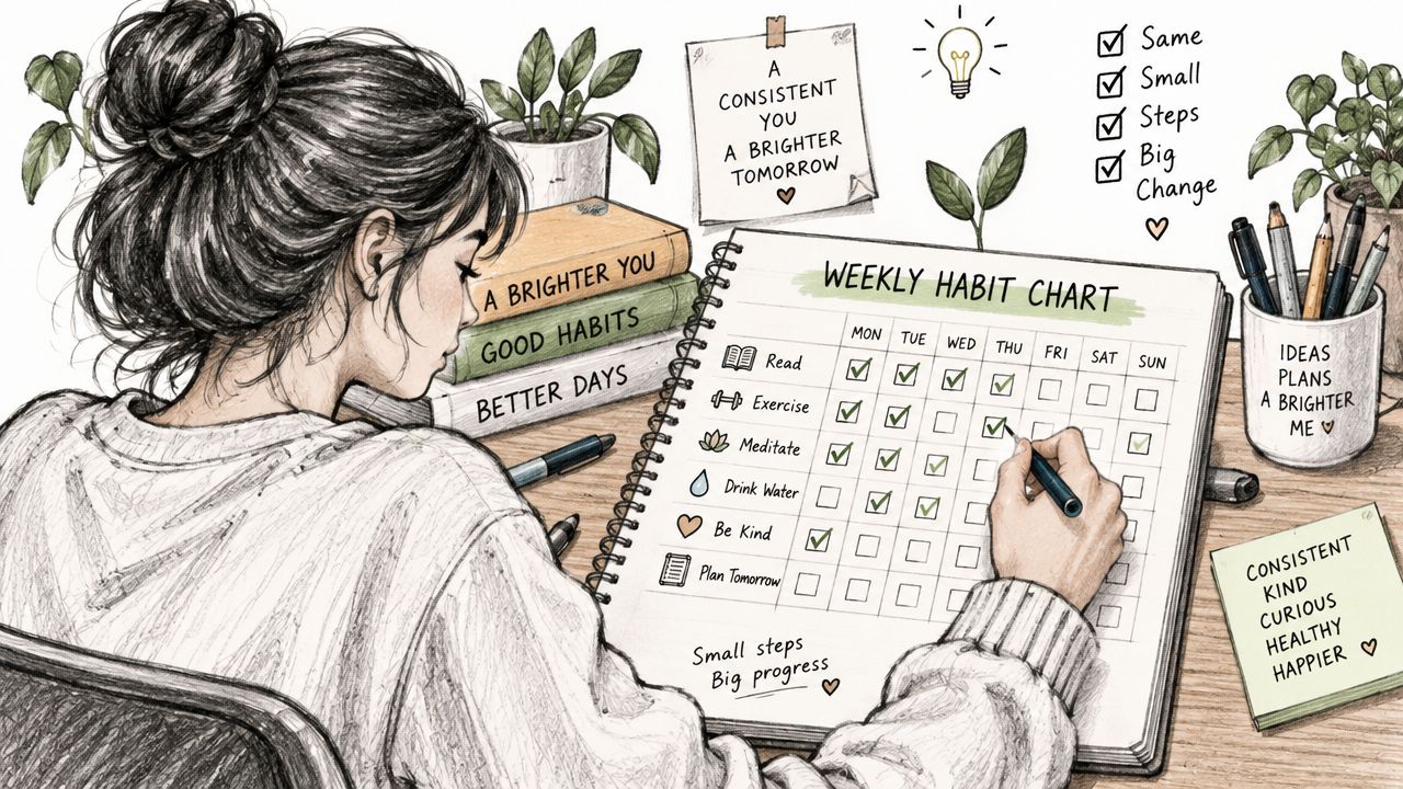 A woman sketching in a weekly habit chart journal to track her personal development and daily goals.