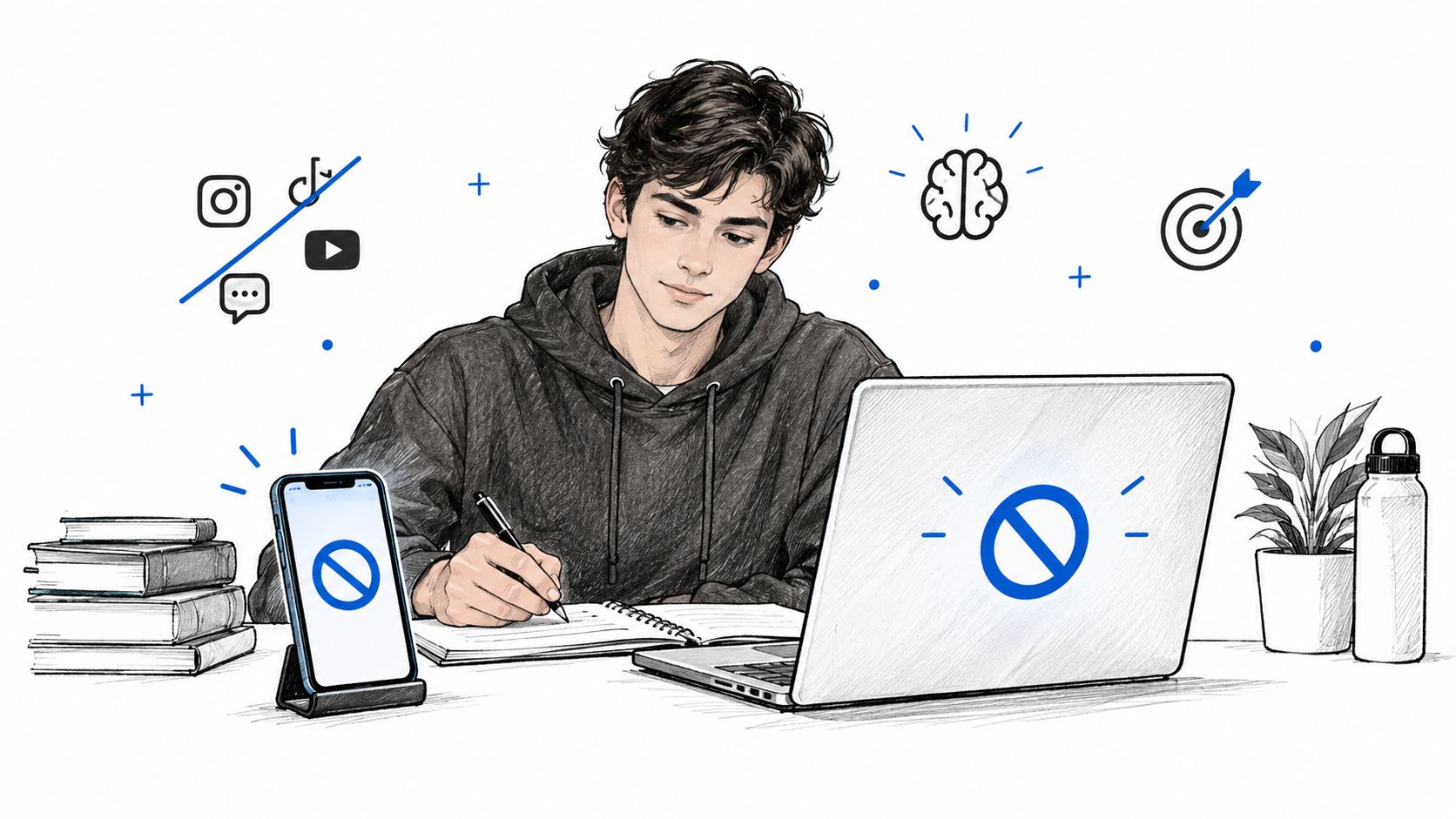 A focused student working at a desk, blocking social media distractions on their phone and laptop screen.