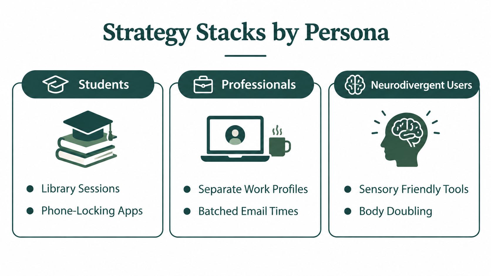 An infographic displaying productivity strategy stacks for students, professionals, and neurodivergent users with relevant icons.