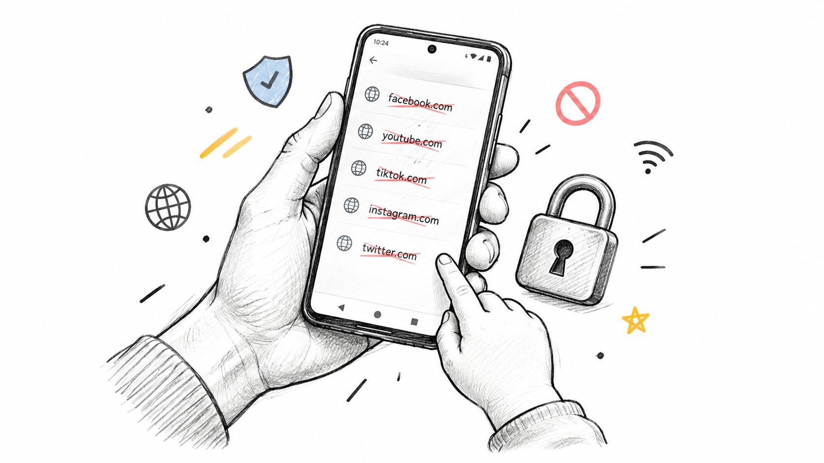 A hand-drawn illustration showing a parent blocking social media websites on a smartphone for a child.