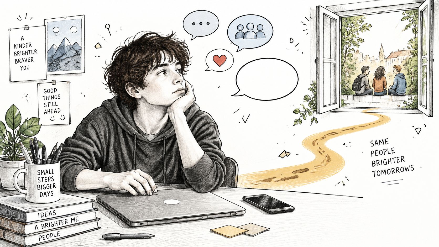 A young person sits at a desk, daydreaming about socializing with friends while looking out a window.