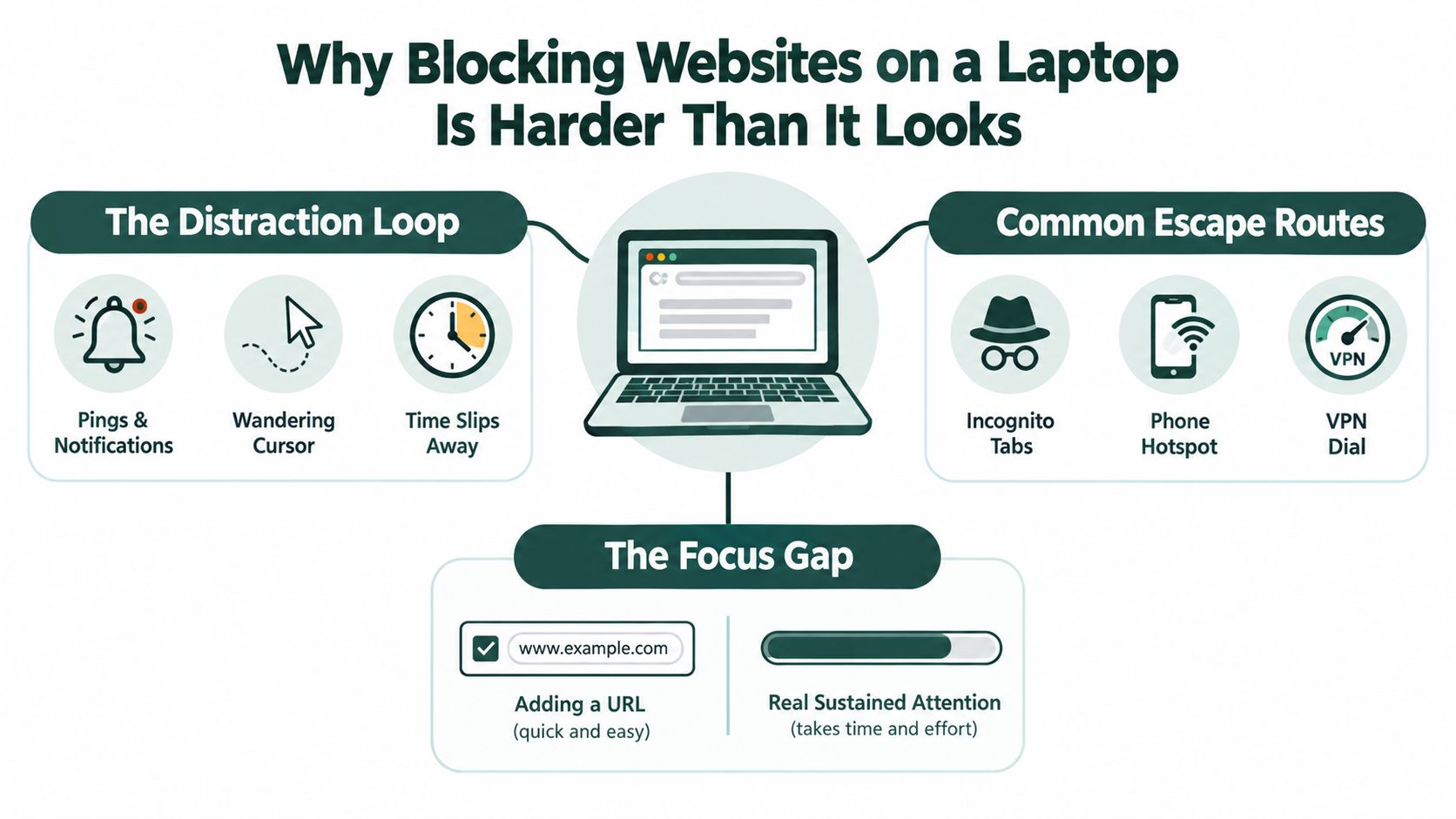 A diagram explaining why blocking websites on a laptop is difficult, illustrating distraction loops, escape routes, and focus gaps.