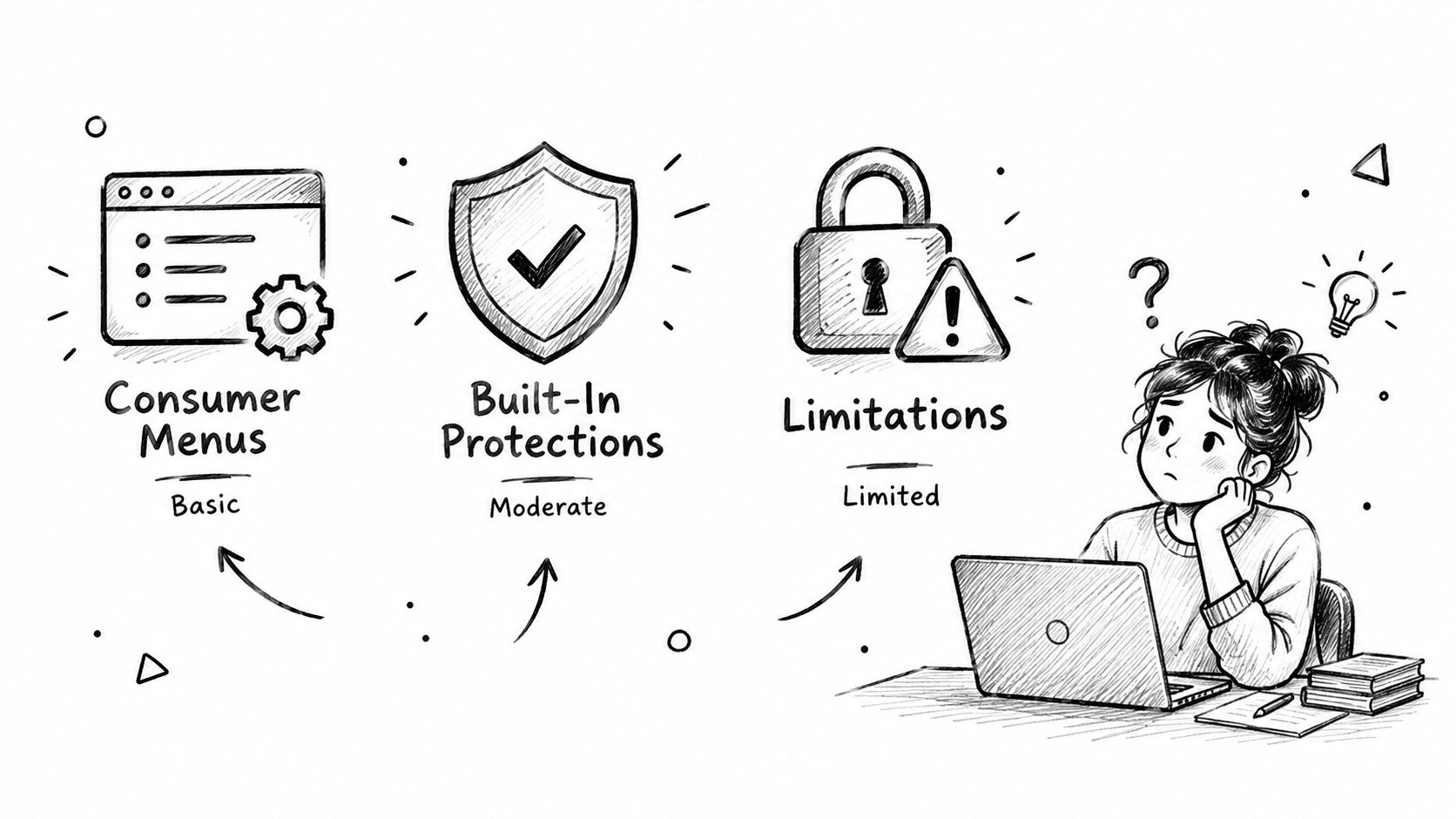 A hand-drawn illustration showing stages of web browsing features including consumer menus, built-in protections, and security limitations.