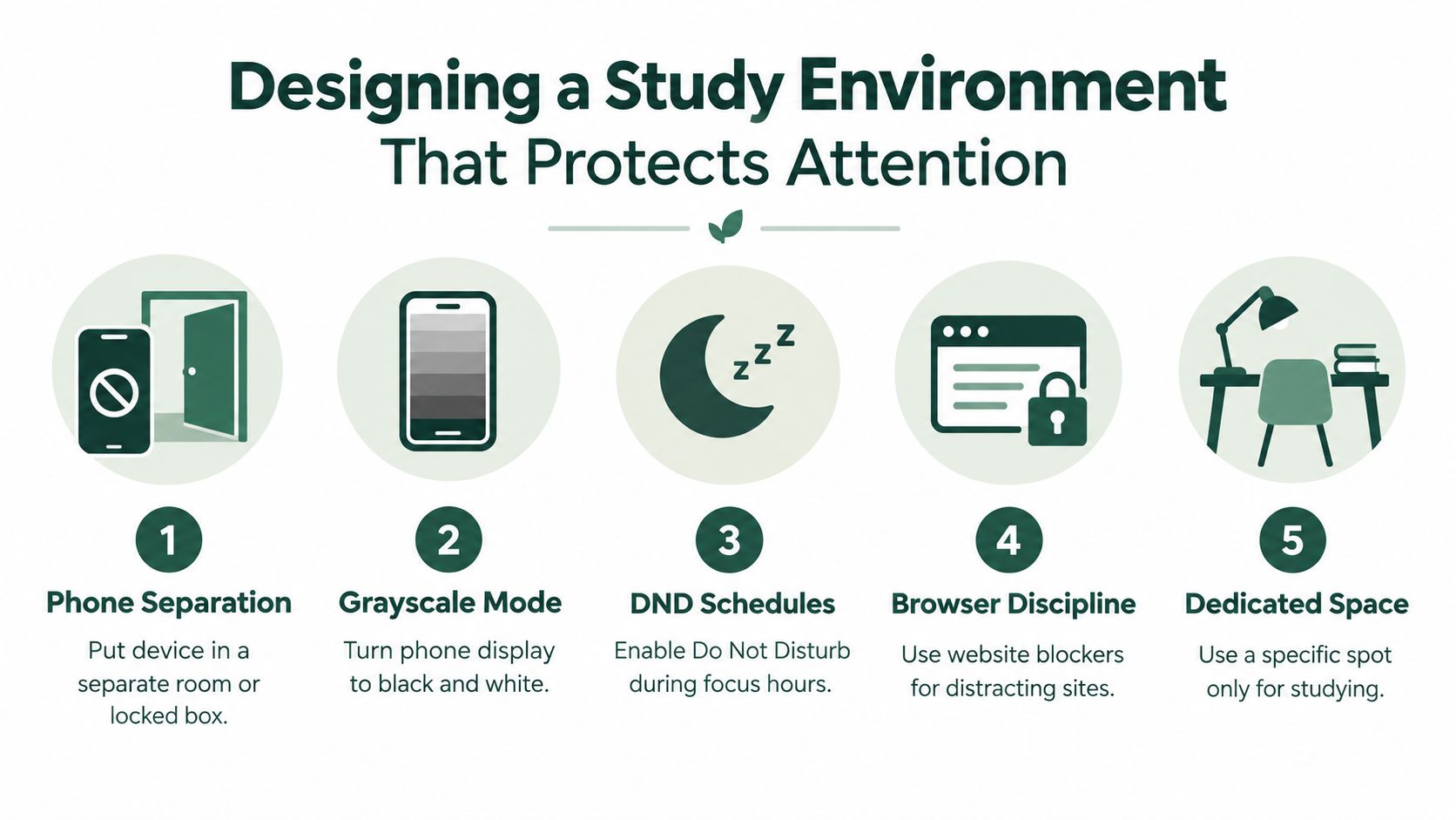 An infographic titled Designing a Study Environment That Protects Attention with five tips for better studying.