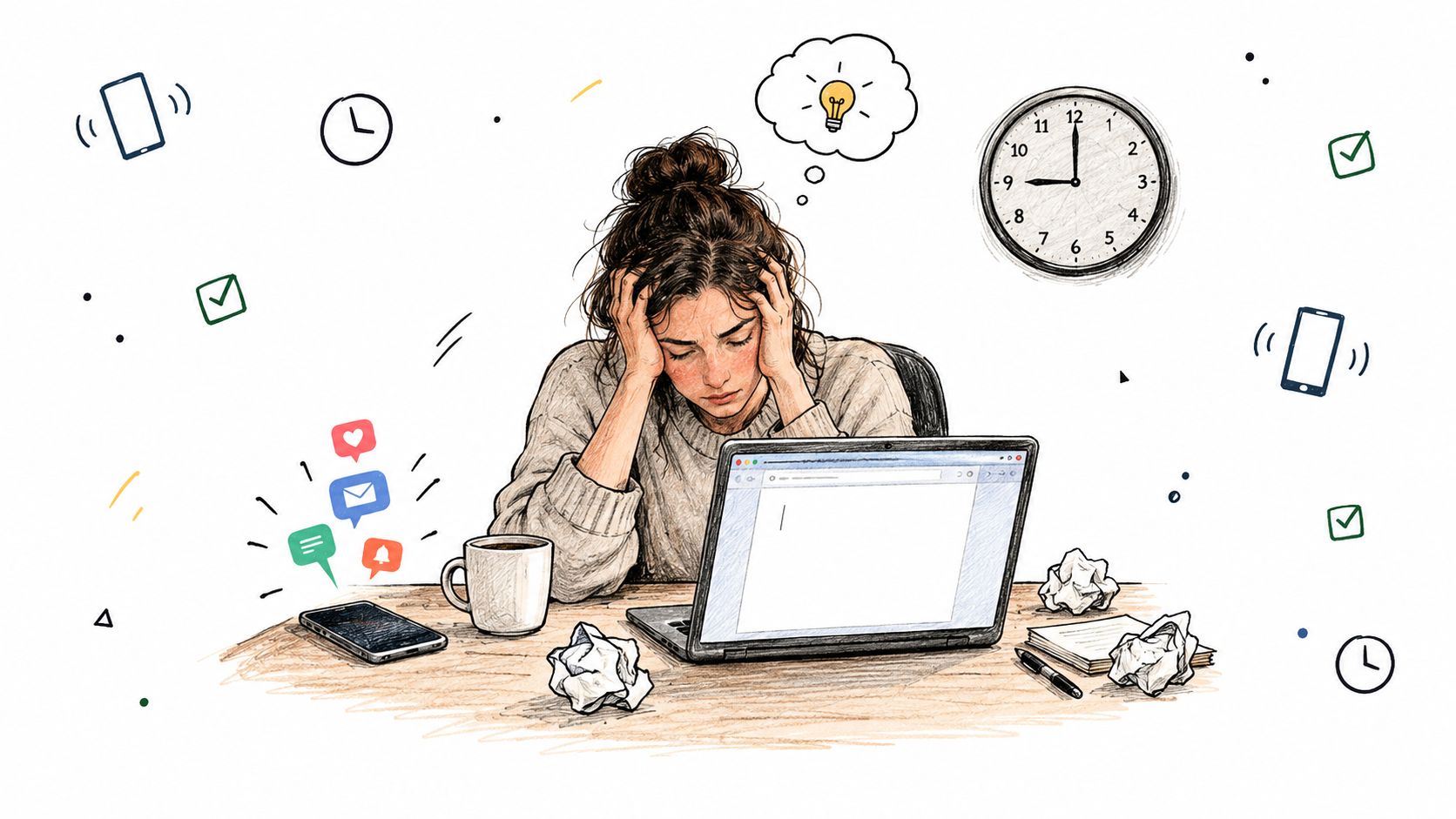 A stressed woman sitting at a desk with a laptop, surrounded by office distractions and unfinished work.