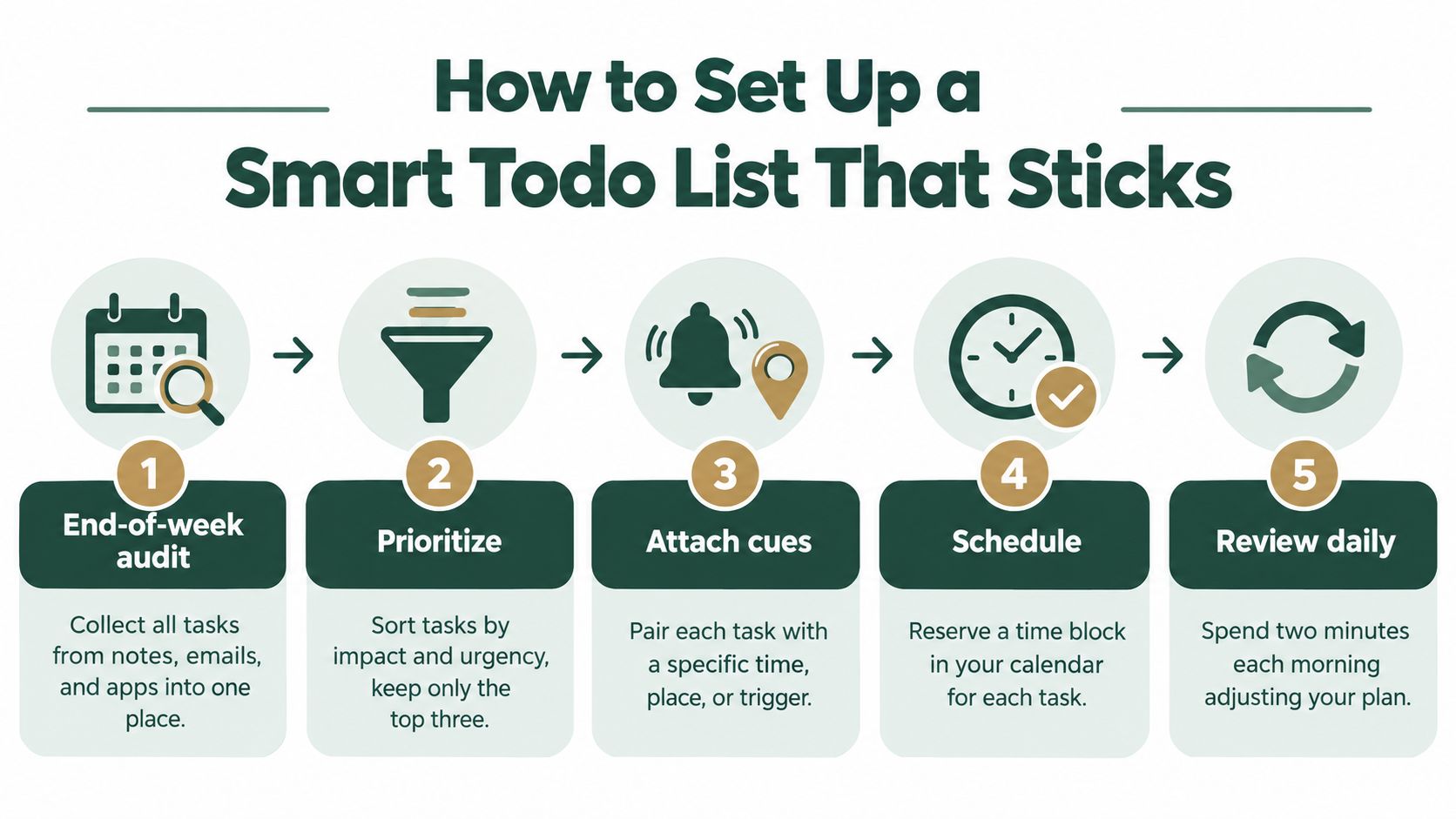 An infographic showing a five-step process for organizing a smart todo list that is productive and effective.