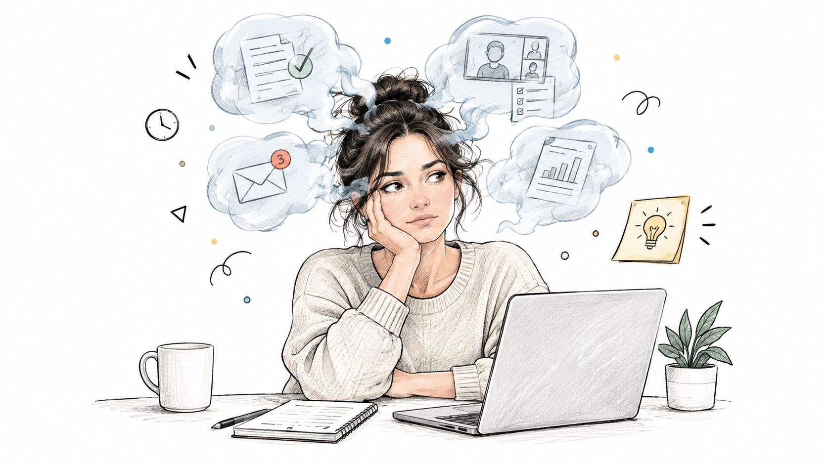 A pensive woman at a desk with a laptop, surrounded by thought bubbles representing professional workplace tasks.