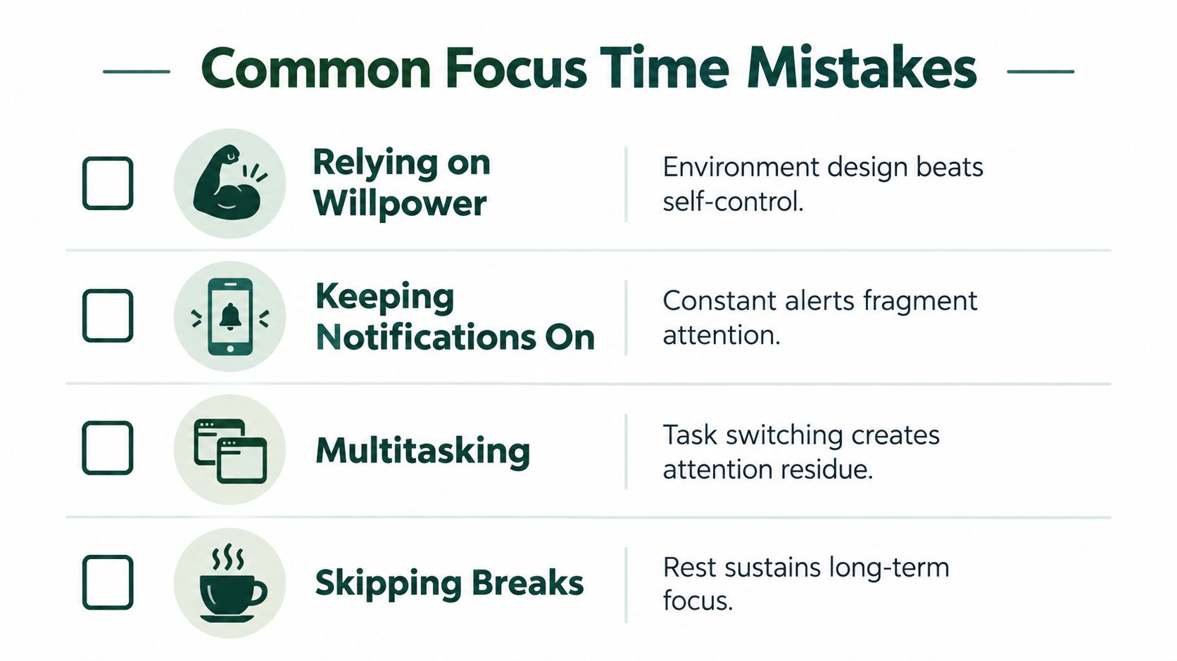A list of four common focus time mistakes including willpower, notifications, multitasking, and skipping breaks.