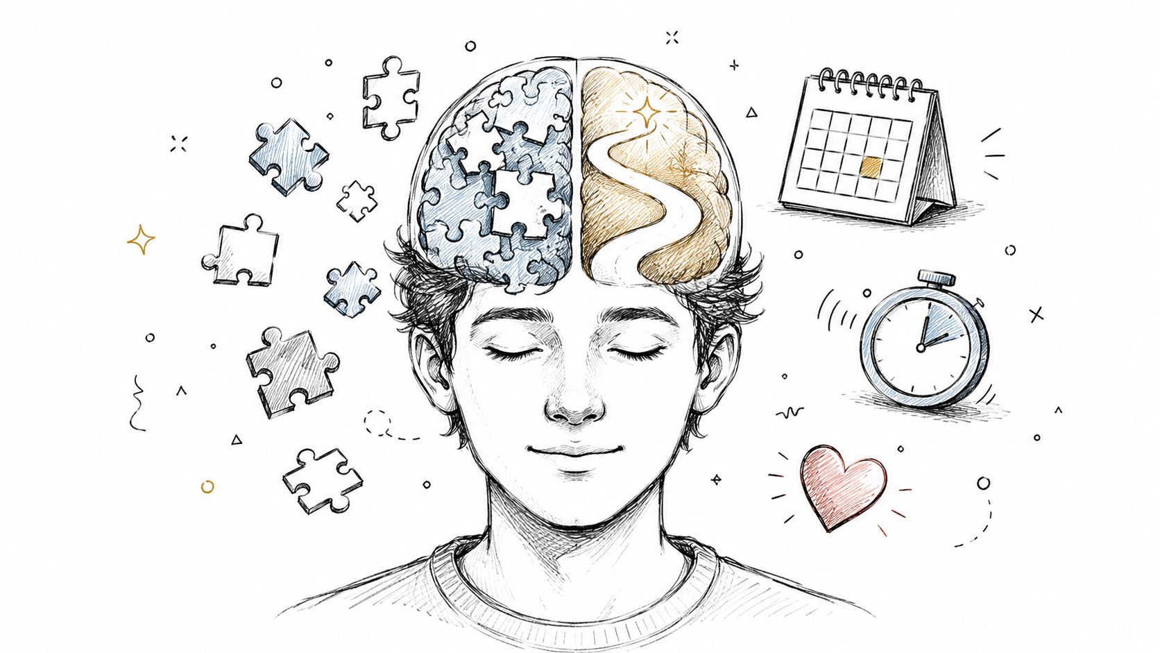 A hand-drawn illustration of a focused person, representing mental clarity, productivity, time management, and balanced thinking.