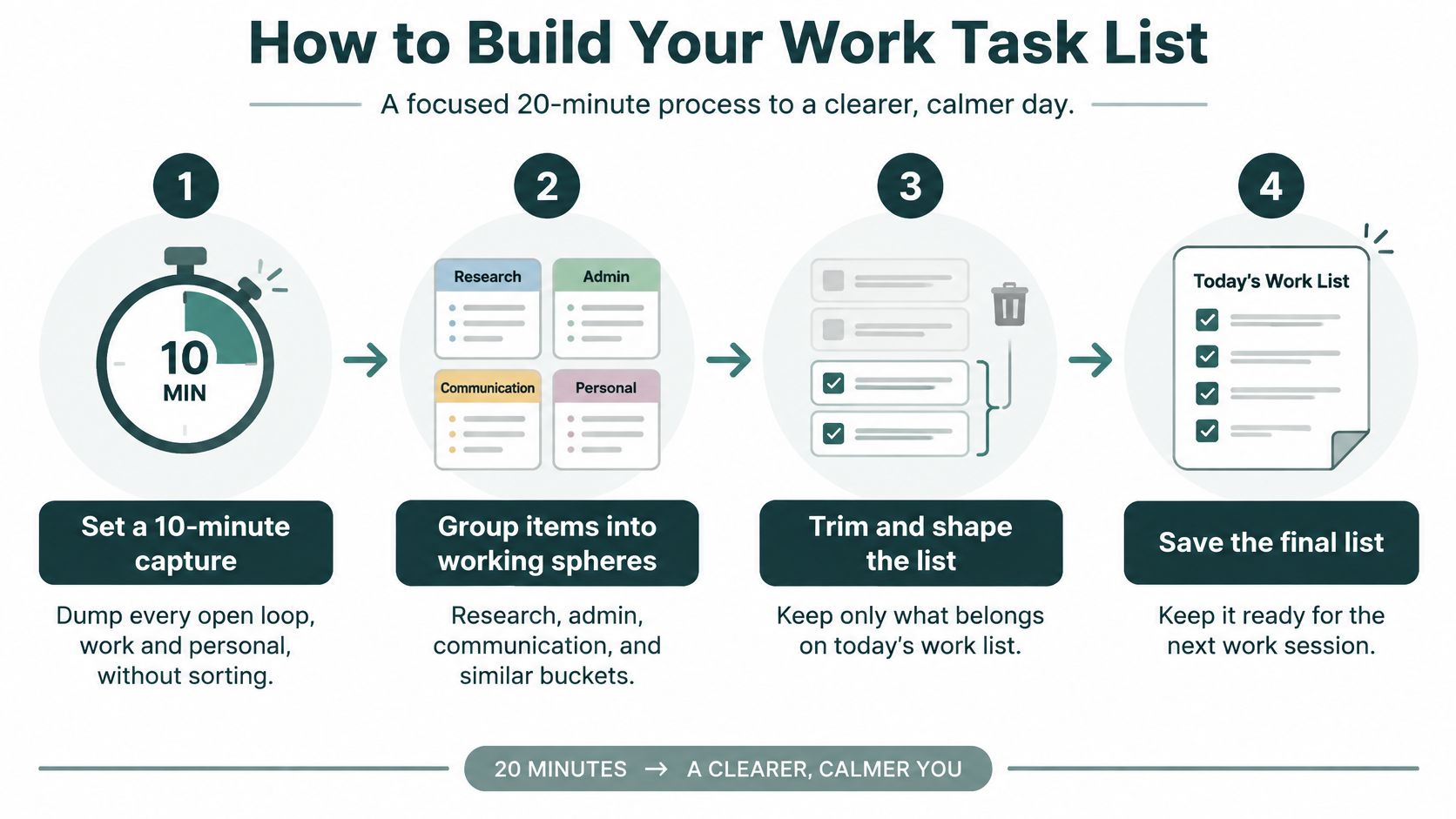 A four-step infographic illustrating a 20-minute process for building an effective and organized work task list.