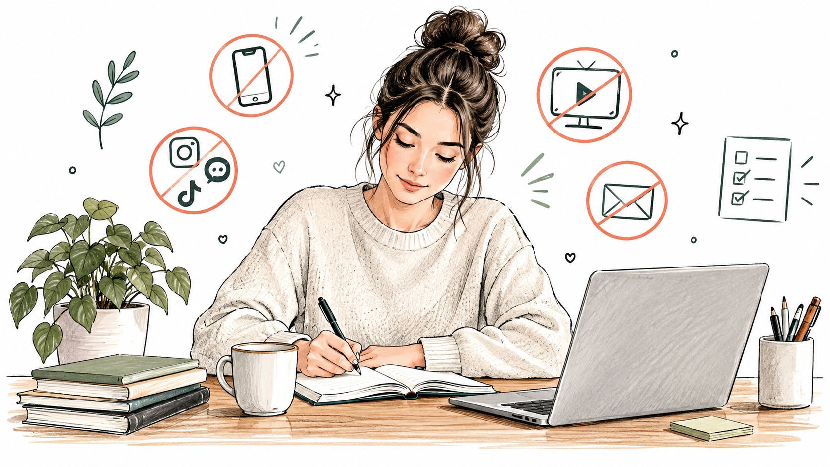 A woman working at her desk with distractions like phones and social media crossed out.