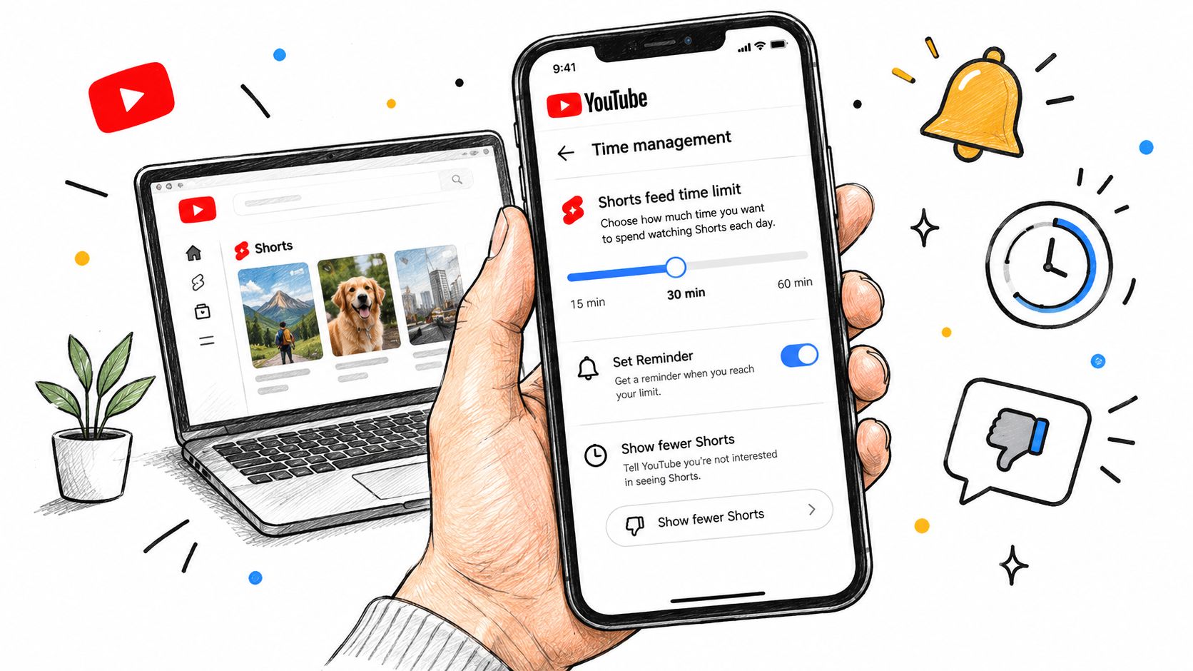 A hand holding a smartphone showing YouTube time management settings to block or limit Shorts feeds.