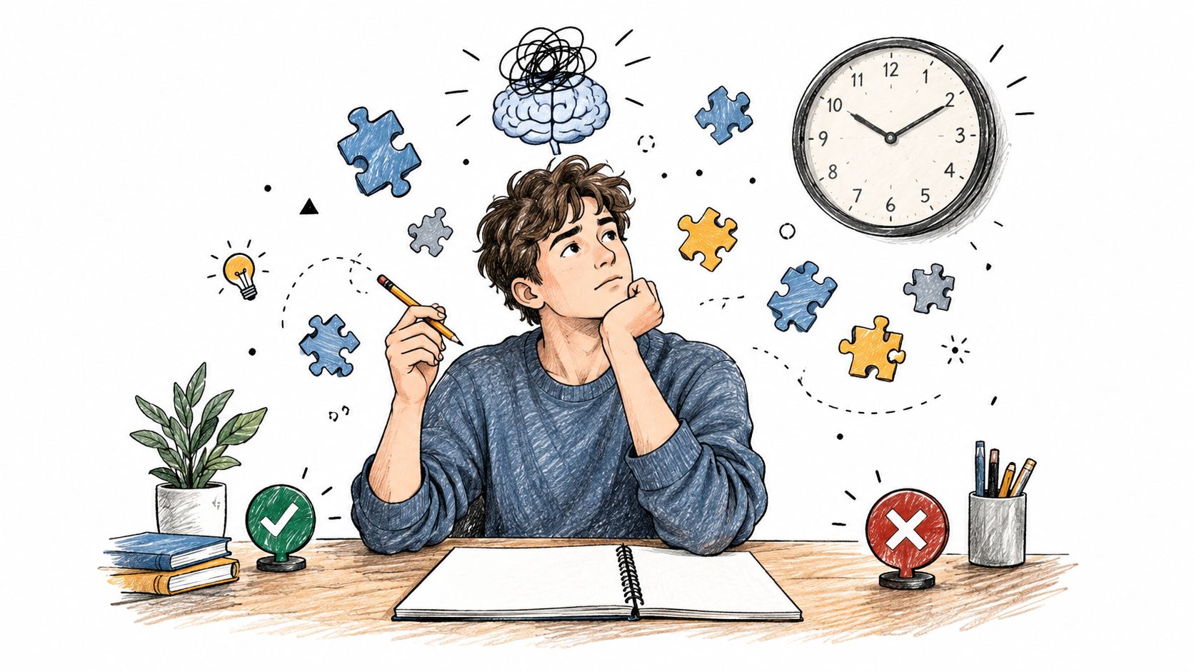A student sits at a desk with a notebook, contemplating puzzles and a clock while studying.
