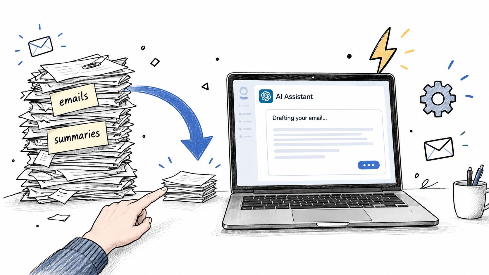 A hand pointing to a small stack of papers near a laptop showing an AI assistant drafting emails.