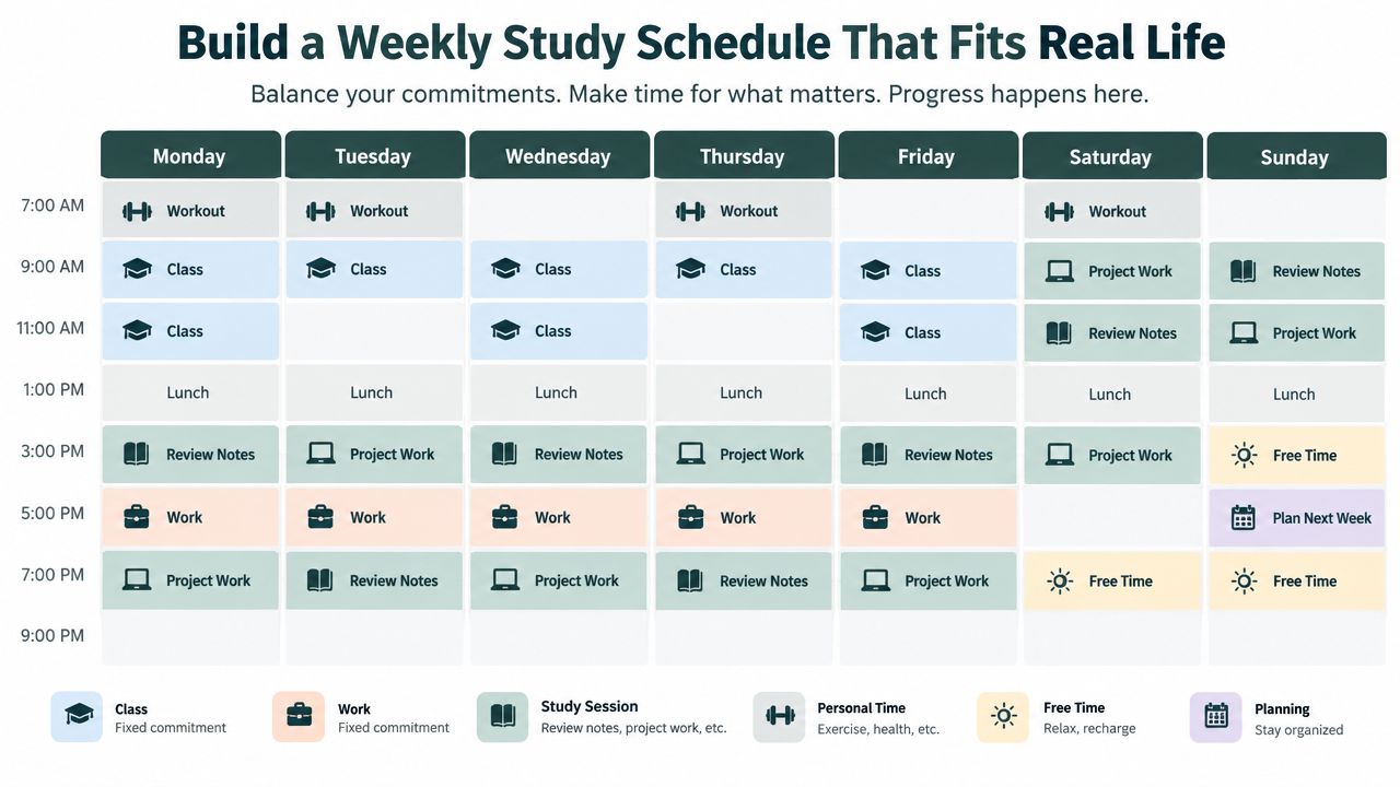 A weekly study schedule template organized by time and day to help balance school and work commitments.