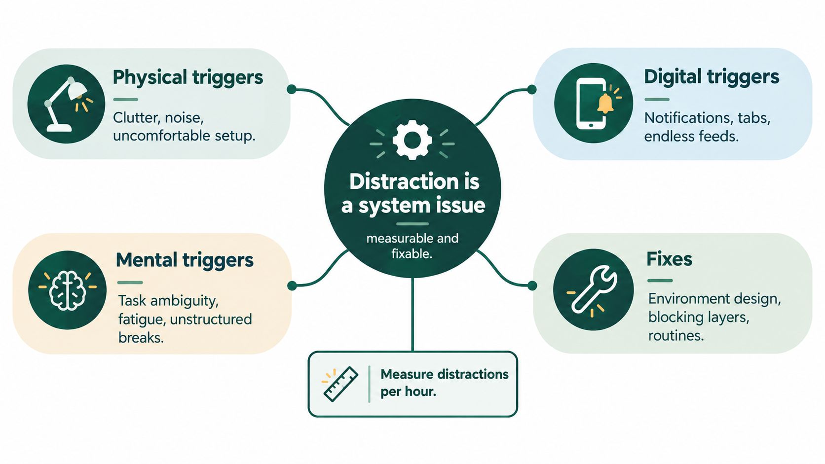A diagram illustrating that distraction is a system issue with physical, mental, and digital triggers plus fixes.