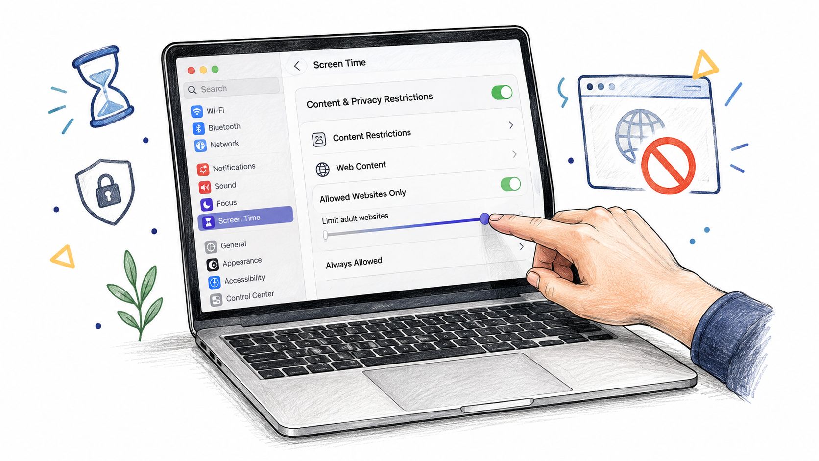A hand adjusts parental control settings on a laptop to block inappropriate websites for safer browsing.