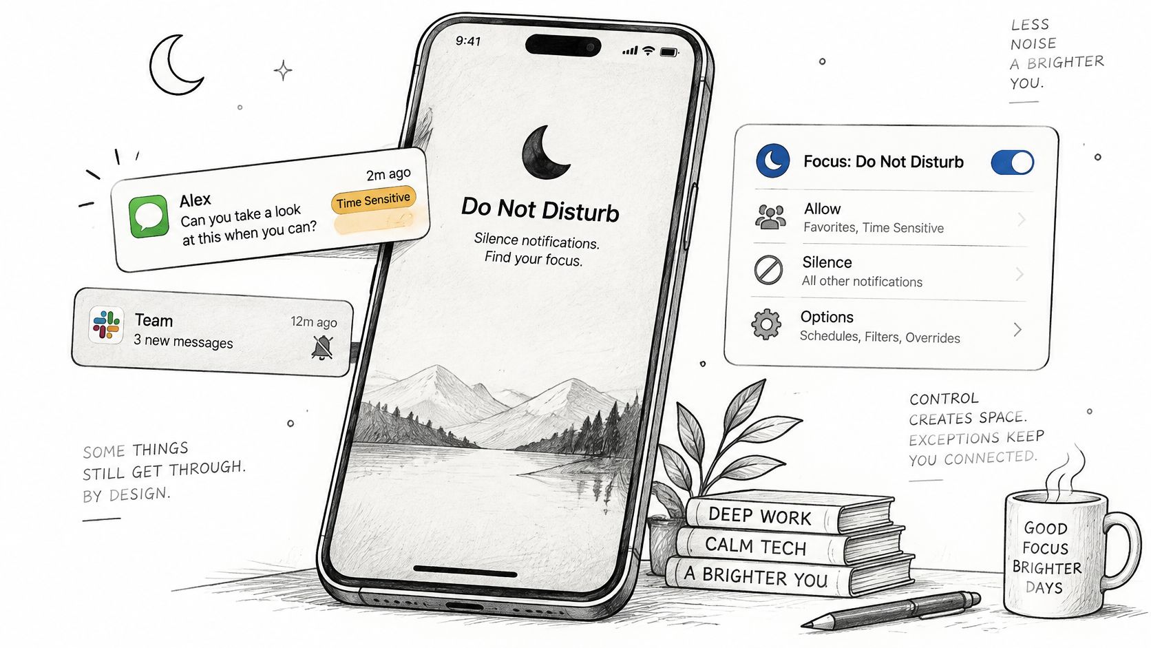 A pencil sketch of an iPhone showing Do Not Disturb mode settings with notifications and a coffee mug.