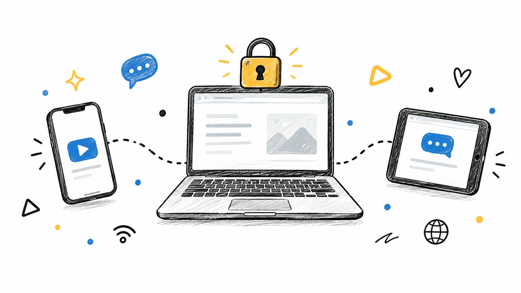 A sketched illustration of a laptop, smartphone, and tablet protected by a centralized security padlock icon.
