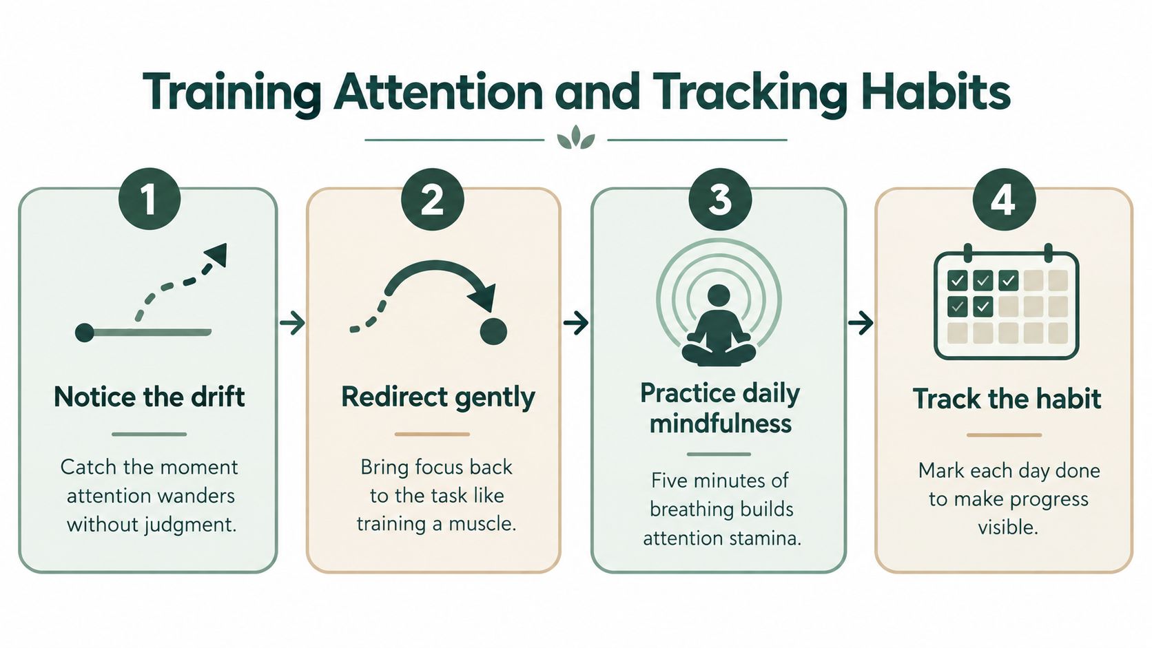 A four-step infographic illustrating techniques to improve focus, mindfulness, and habit tracking for better attention management.