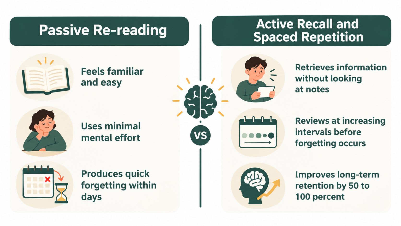 A comparison infographic showing the differences between passive re-reading versus active recall and spaced repetition learning methods.